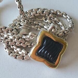 David Yurman Onyx Quatrefoil Sterling Silver & Gold Pendant Necklace 16in